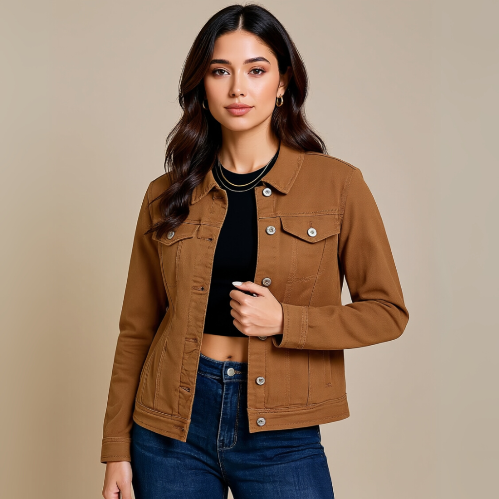 Basic Button Down Stretch Fitted Long Sleeves Denim Jacket