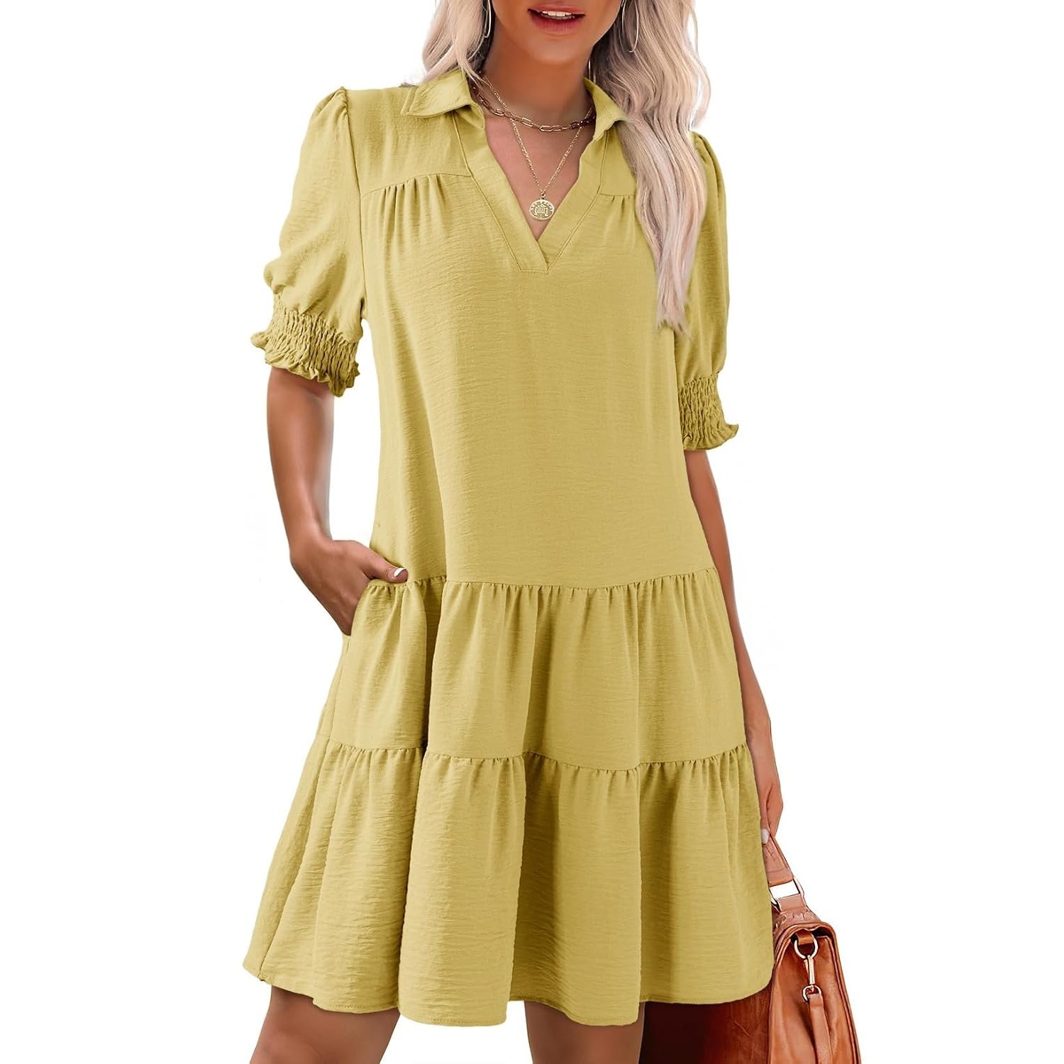 Casual Collared V Patterned Pleated Midi Summer Dress
