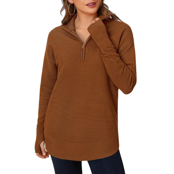Womens Long Sleeve Quarter Zip Pullover Sweater Casual Loose V Neck Collared Ribbed Knit Jumper Tops Thumb Hole