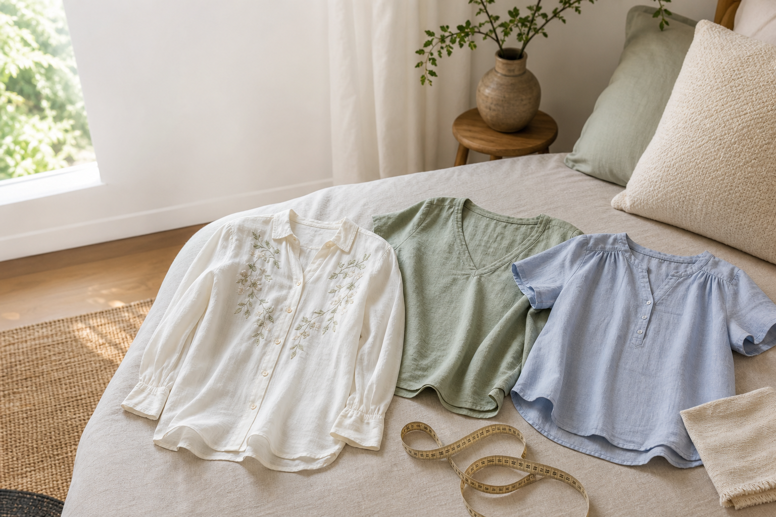 Three lightweight summer blouses with a measuring tape in a bright bedroom