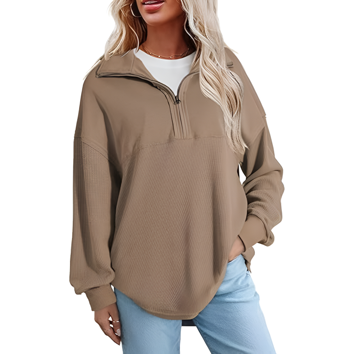 Casual Waffle Knit Half Zip Sweatshirt Pullover With Loose Fit For Women