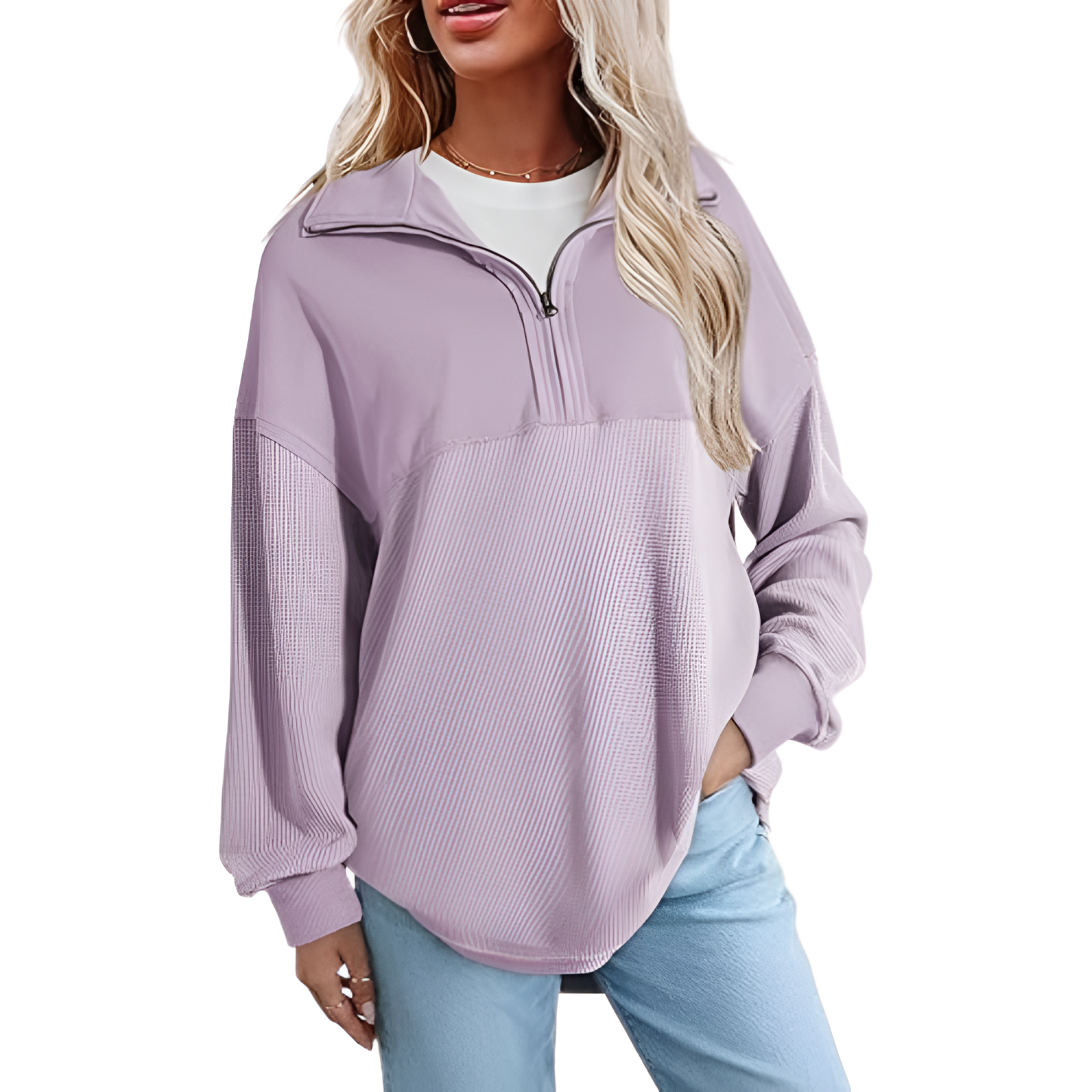 Casual Waffle Knit Half Zip Sweatshirt Pullover With Loose Fit For Women