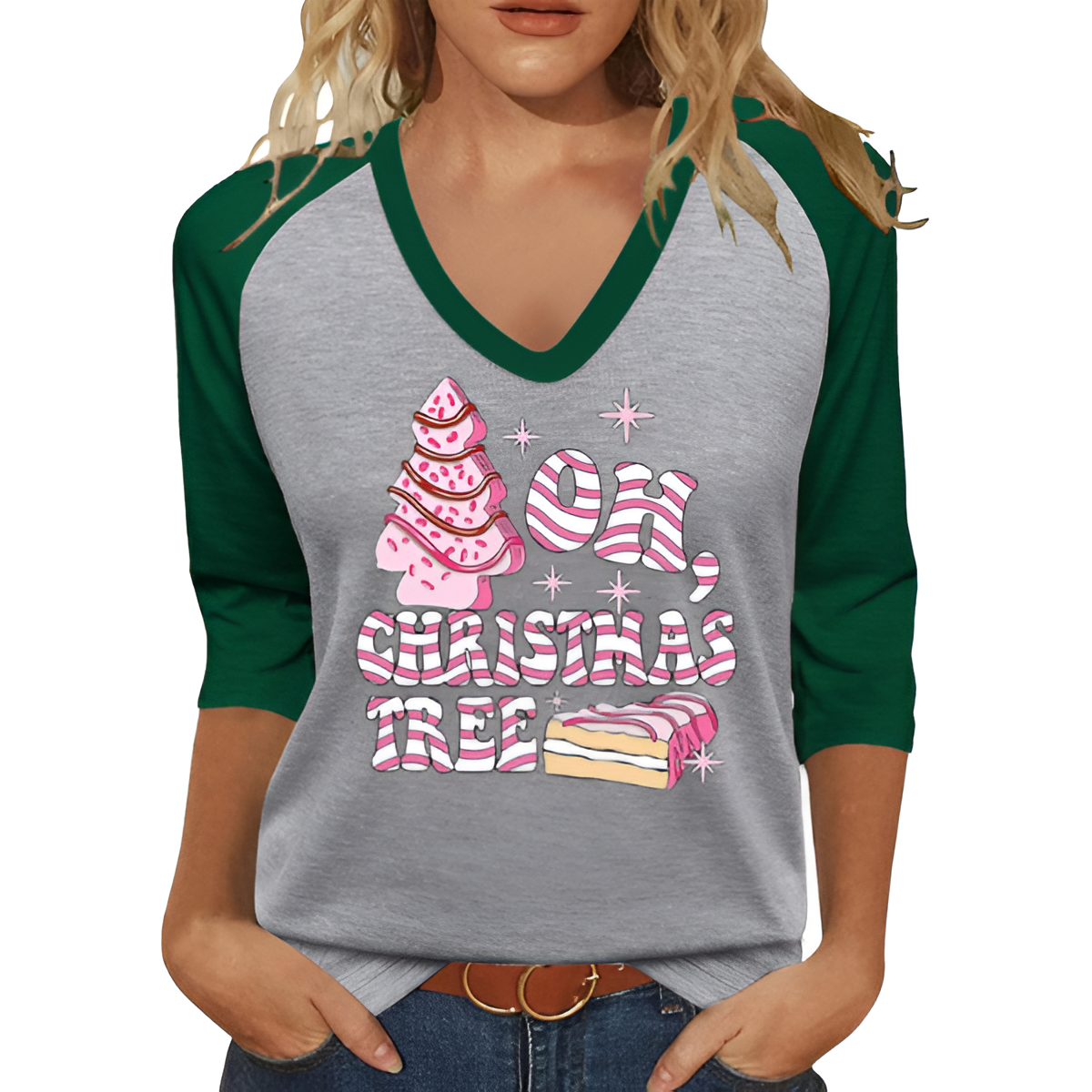 Christmas Graphic T Shirt With Three By Forth Sleeves For Women