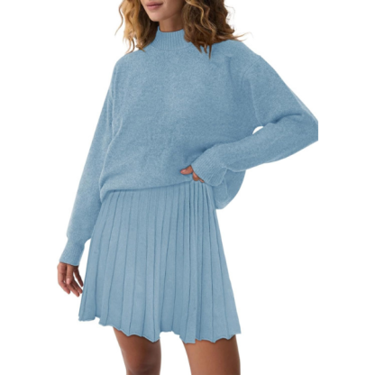 Women's Two Piece Outfits Turtleneck Long Sleeve Ribbed Knit Tops Pleated Mini Skirt 2026 Casual Sweater Sets