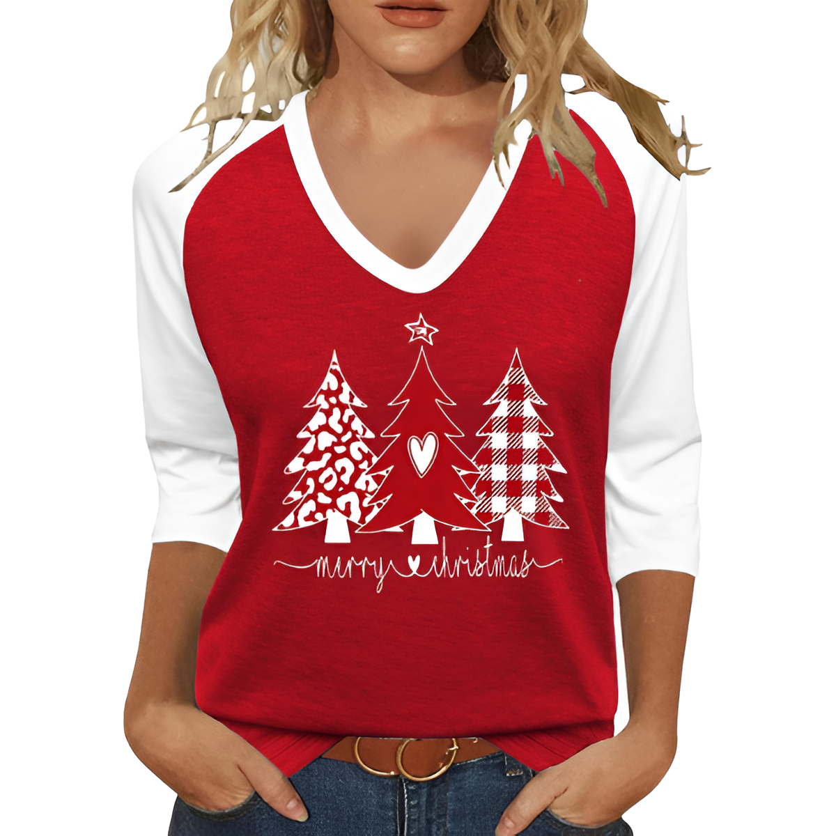 Christmas Graphic T Shirt With Three By Forth Sleeves For Women