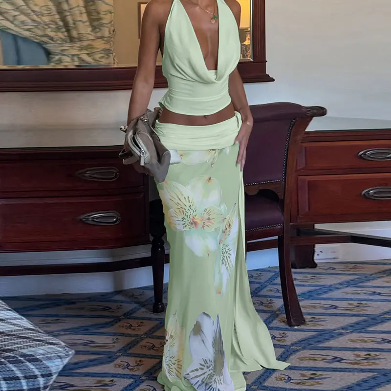 Floral Printed Tank Top And Long Skirt Set For Women