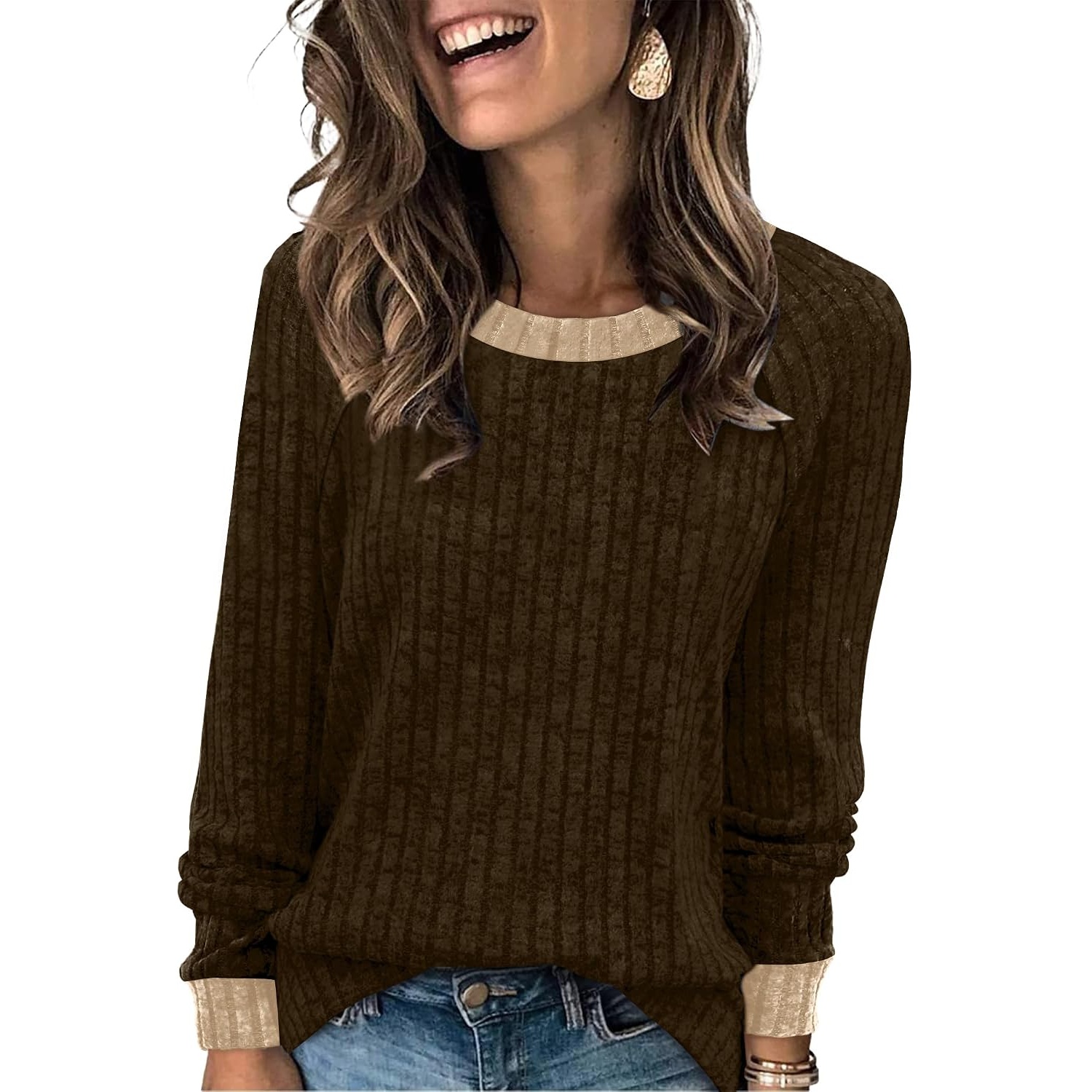 Casual Ribbed Long Sleeve Cuff Detail Top for Women