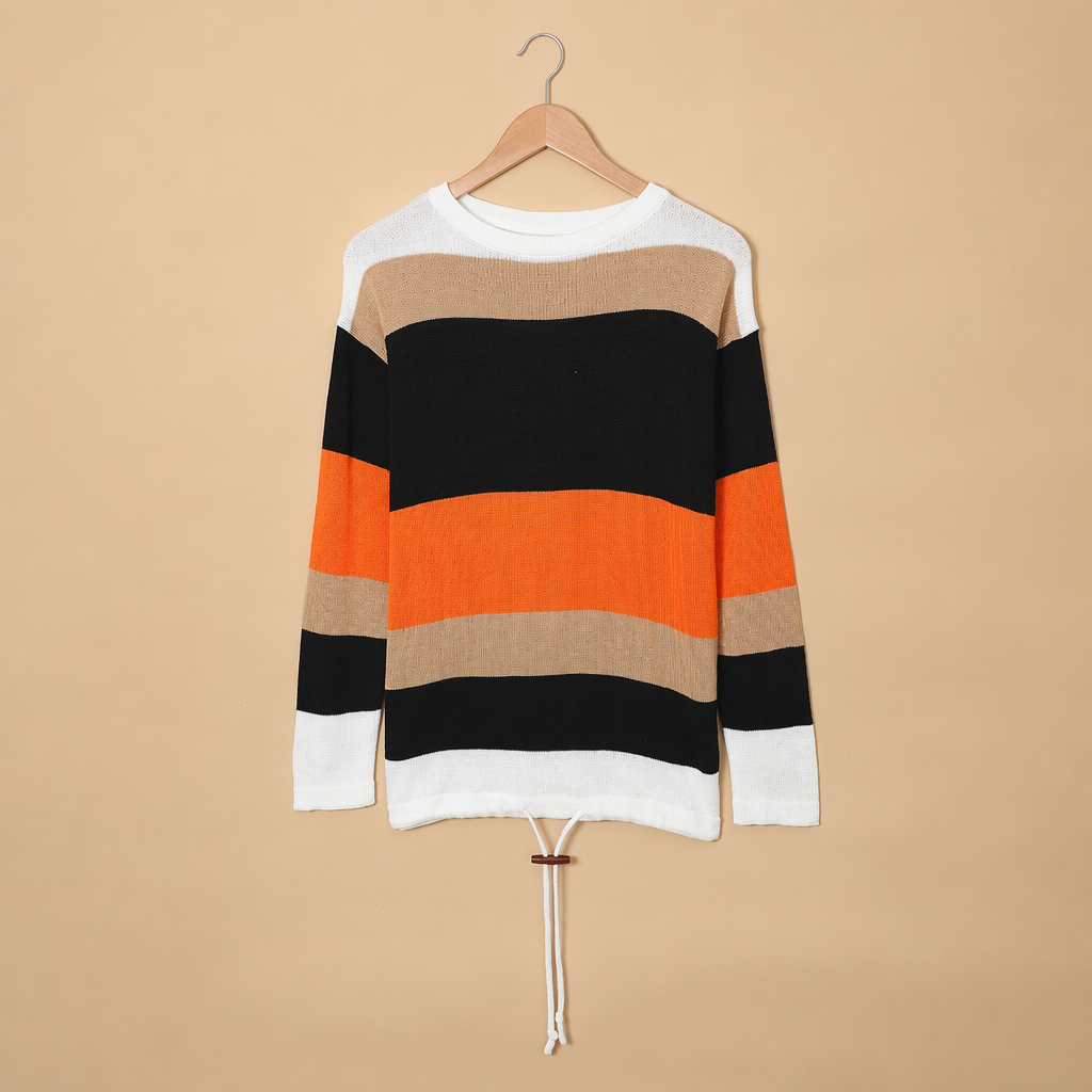 Striped Winter Fashion Outfits Sweaters With Drawstring For Women