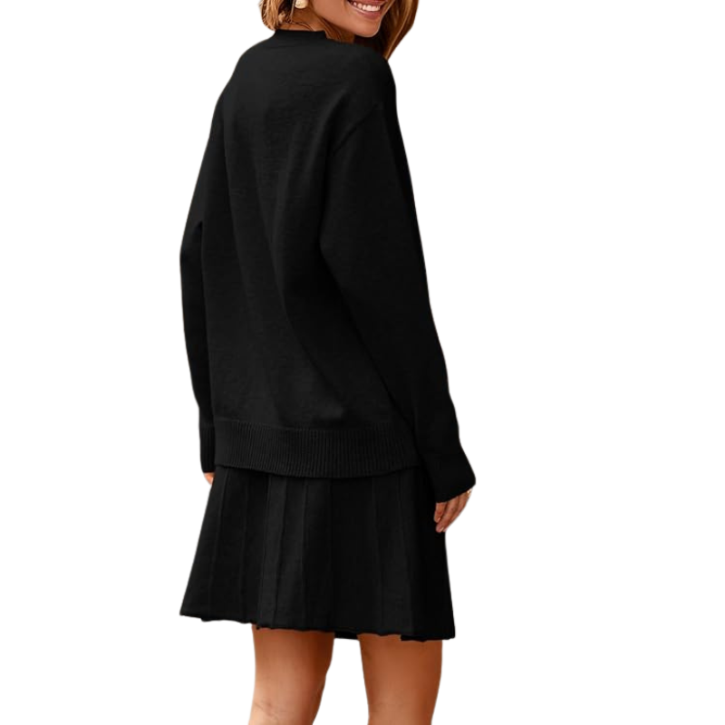 Womens Skirt 2 Piece Sweater Set Long Sleeve Crewneck Sweaters Pleated Mini Skirt Knit Lounge Sets