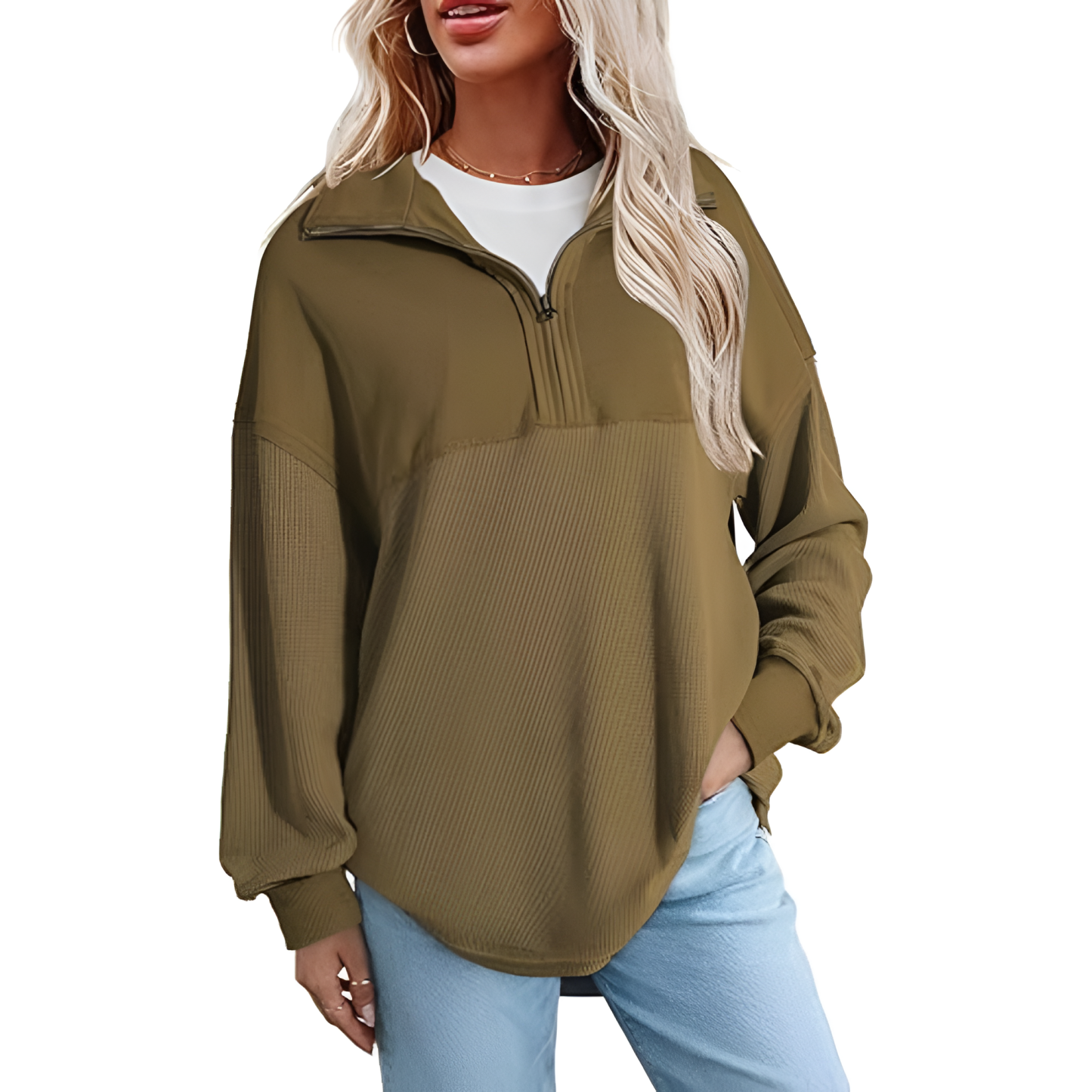 Casual Waffle Knit Half Zip Sweatshirt Pullover With Loose Fit For Women