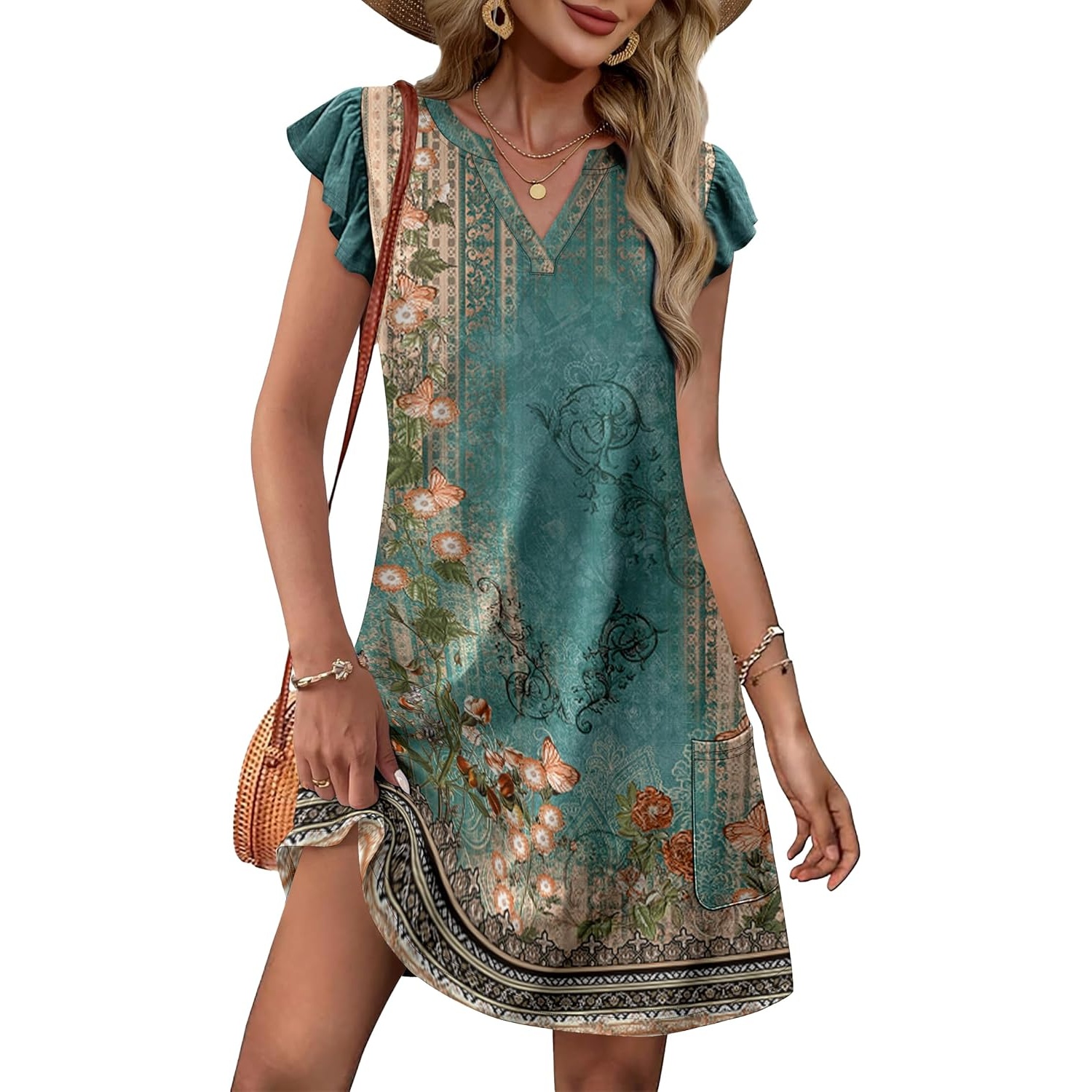 Casual Ruffle Sleeve Swing Dress With Pockets For Women