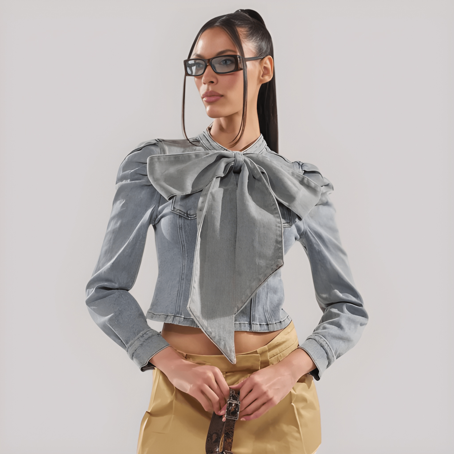 Denim Bow Top With Long Puff Sleeves For Women