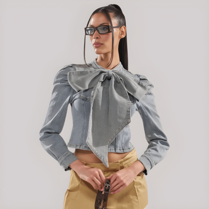 Denim Bow Top With Long Puff Sleeves For Women