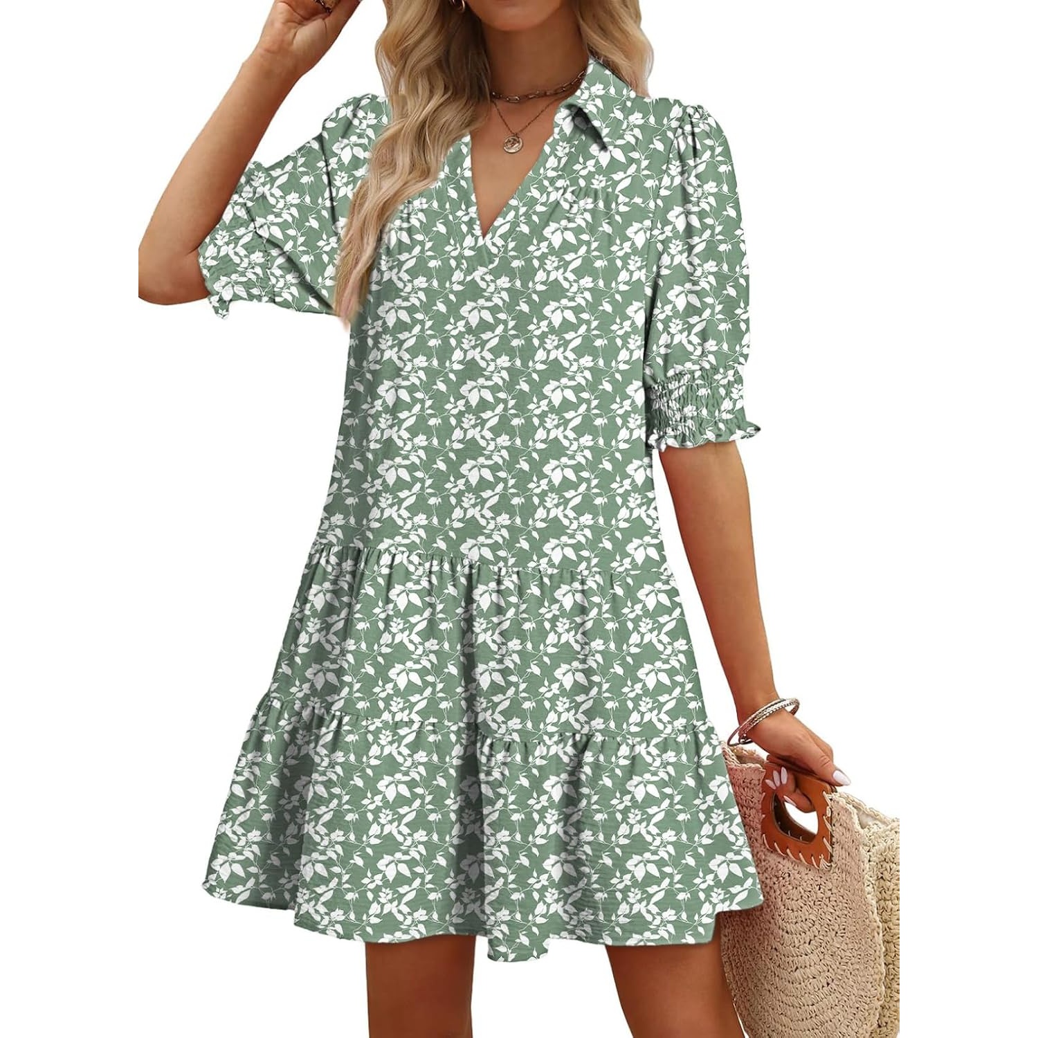 Casual Pleated Summer Lapel Collared Mid Sleeved Dress
