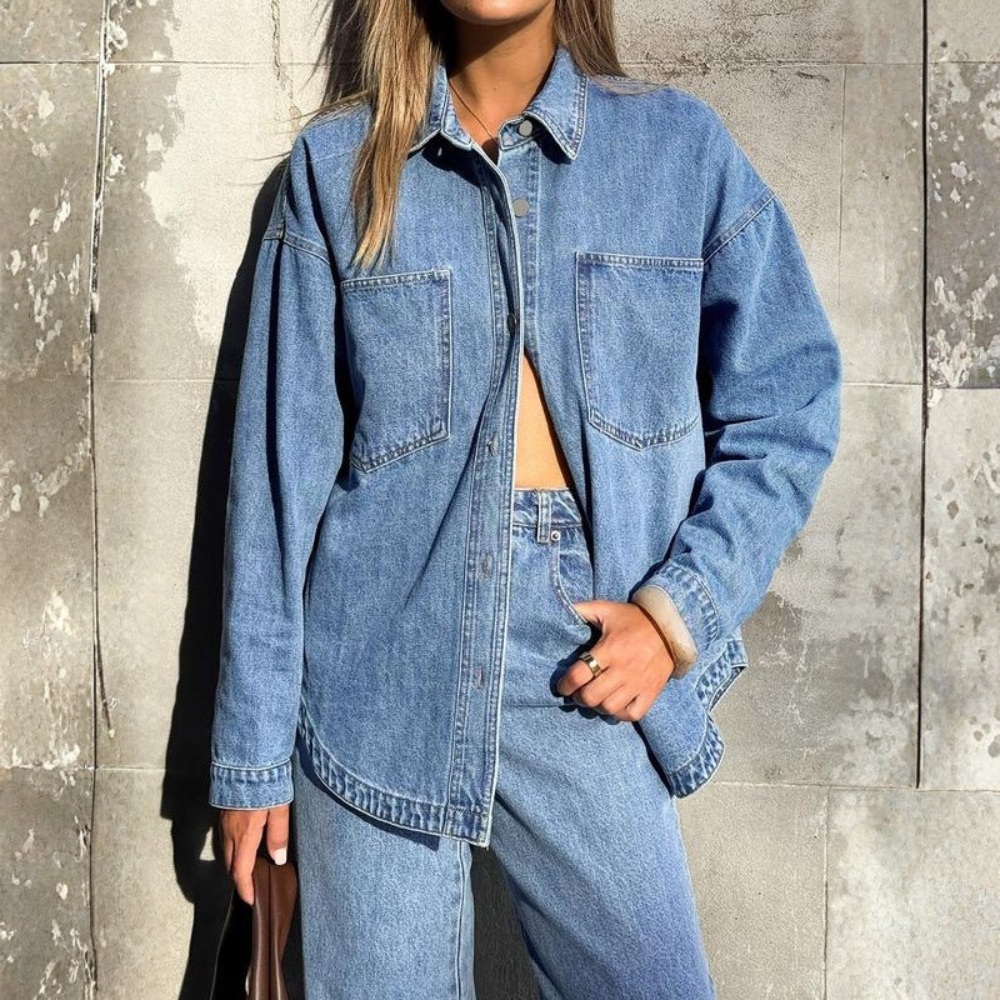 Casual Denim Shirt With Front Button Closure And Dual Pockets For Women