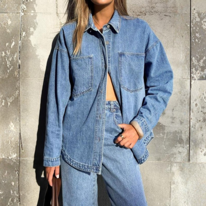 Casual Denim Shirt With Front Button Closure And Dual Pockets For Women
