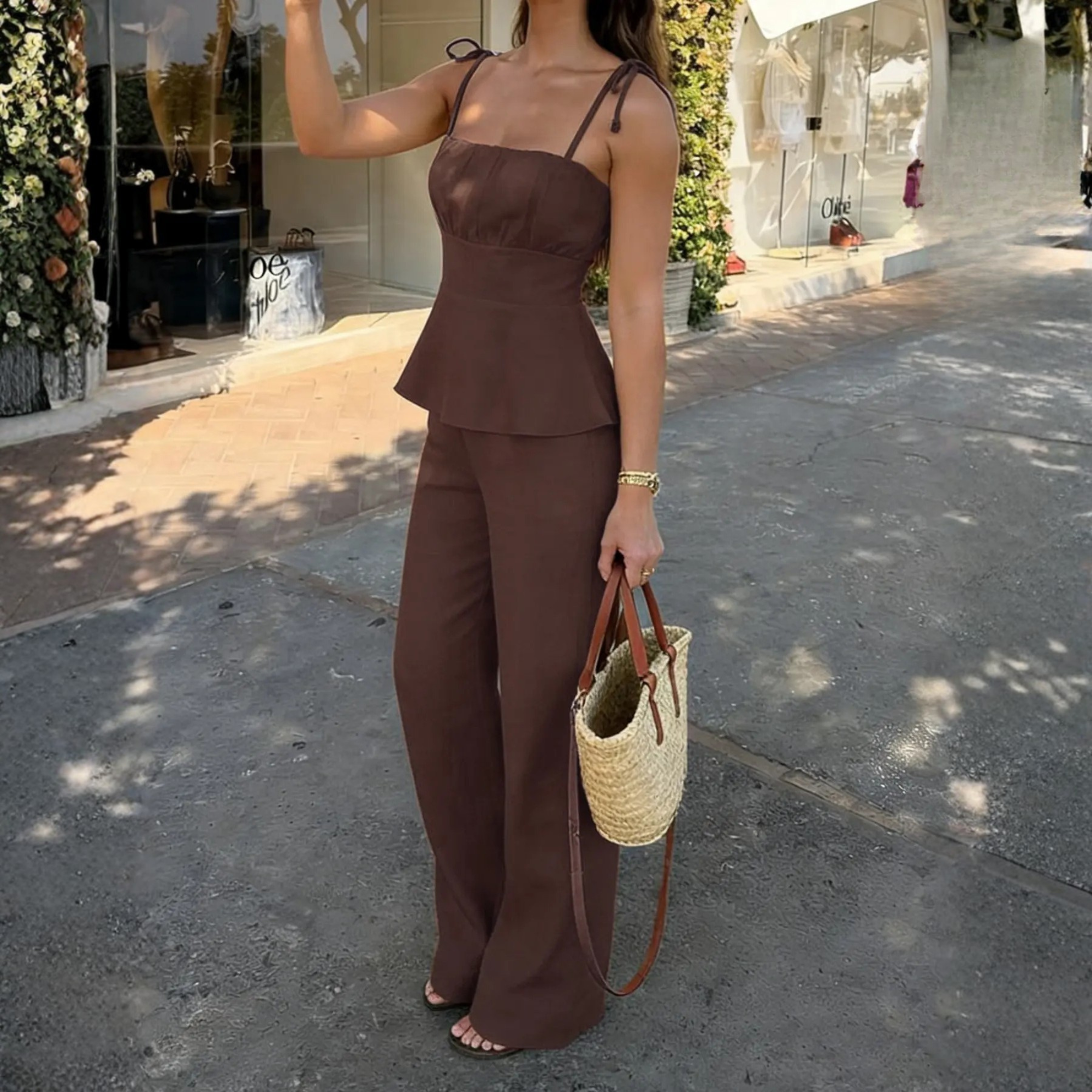 Casual Simple Ruffled Spaghetti Strap Cami Top And Pants Set
