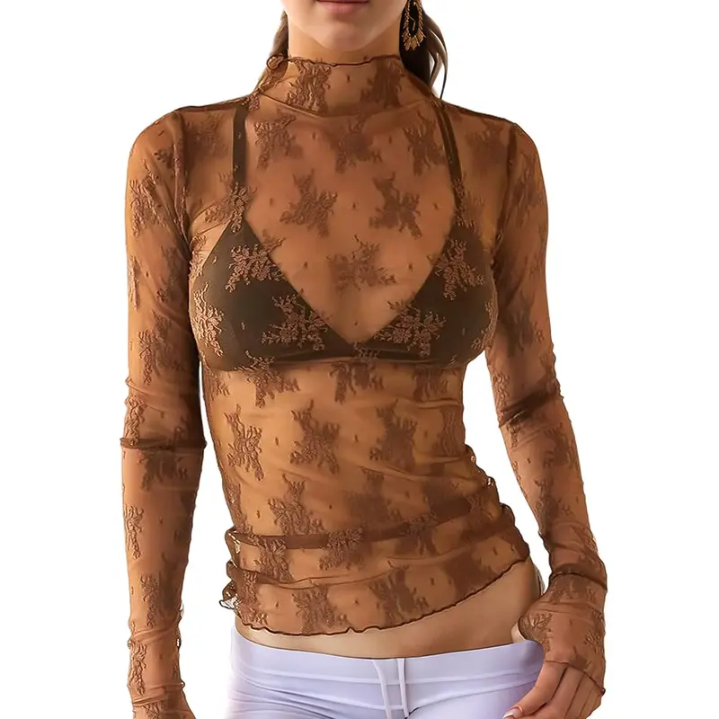 Floral Lace Mesh Top With Long Sleeves And Sheer Layering Design For Women