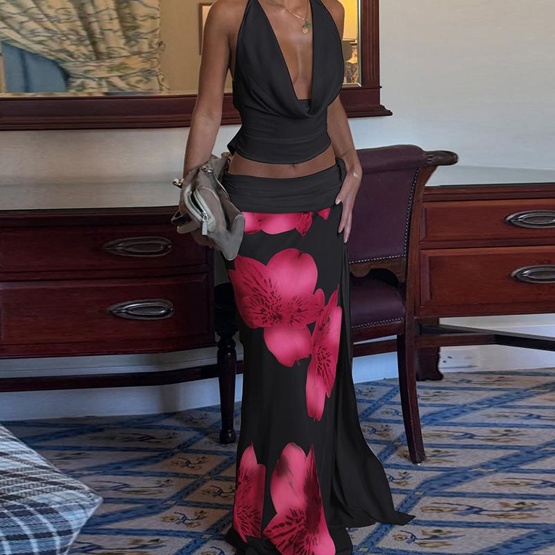 Floral Printed Tank Top And Long Skirt Set For Women