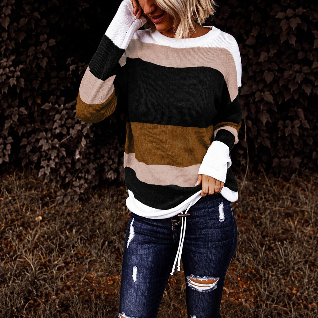 Striped Winter Fashion Outfits Sweaters With Drawstring For Women