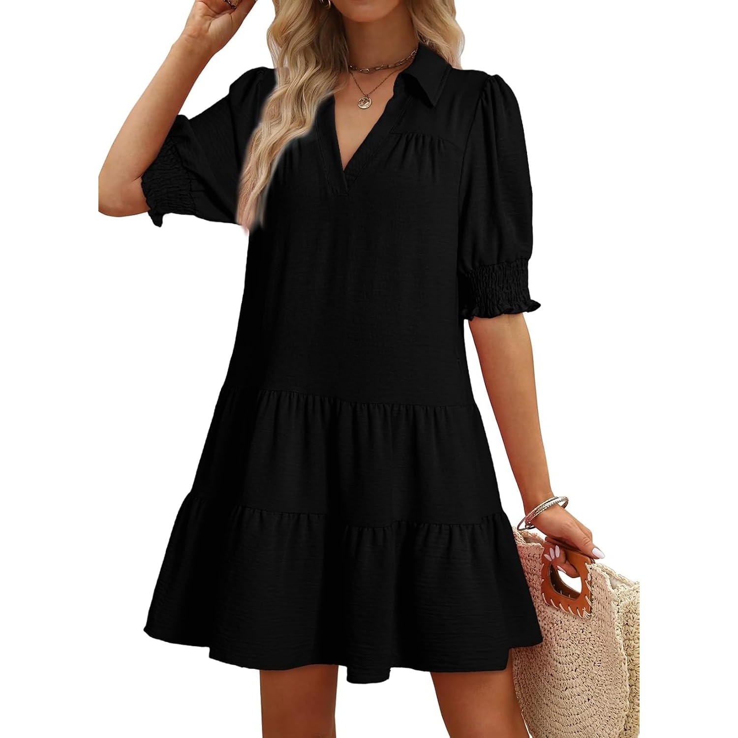 Casual Pleated Summer Lapel Collared Mid Sleeved Dress