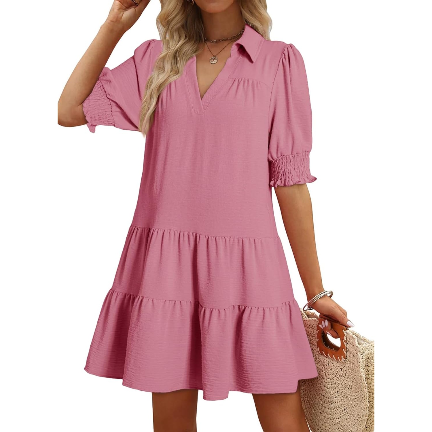 Casual Pleated Summer Lapel Collared Mid Sleeved Dress