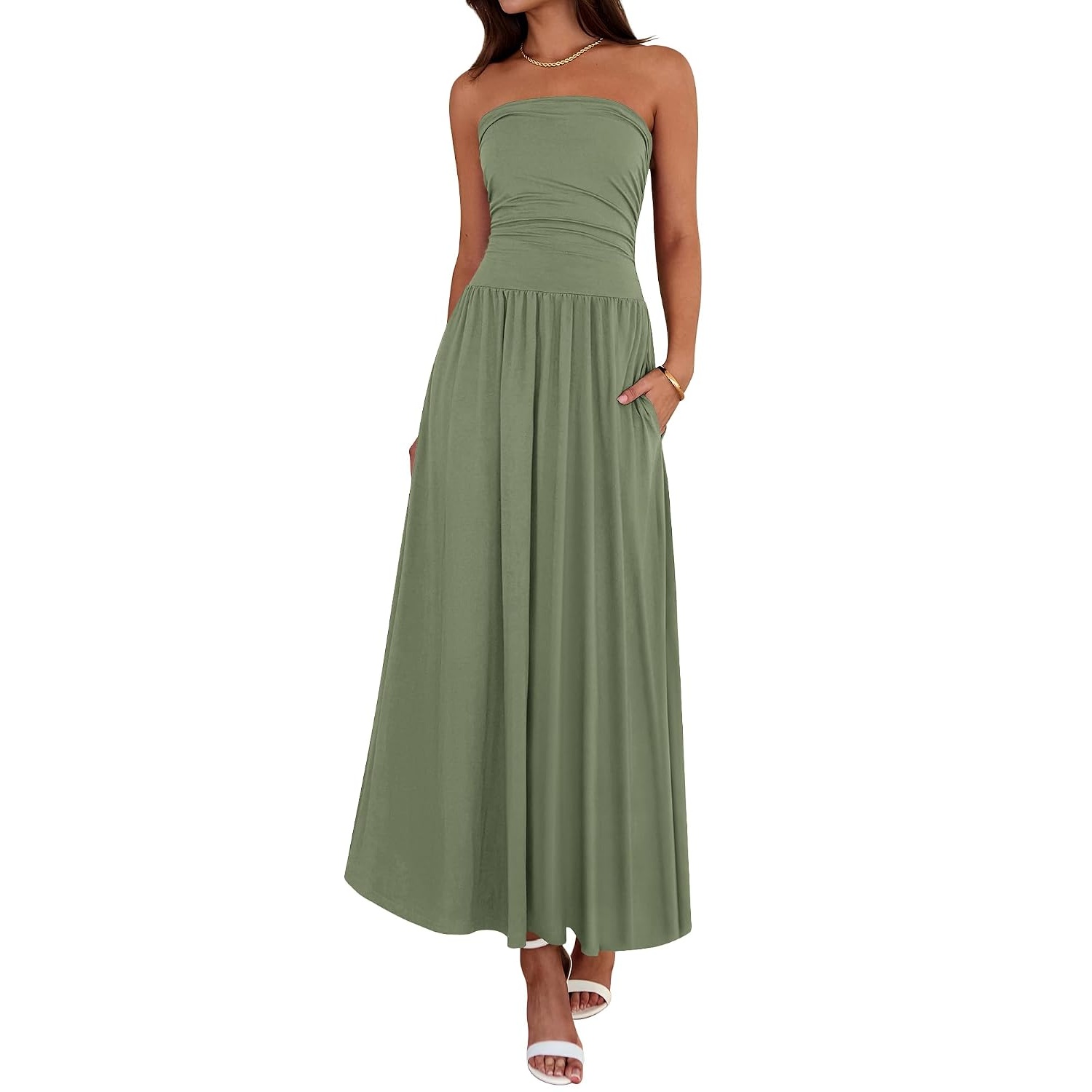 Casual Strapless Ruched Maxi Dress With Pockets For Women