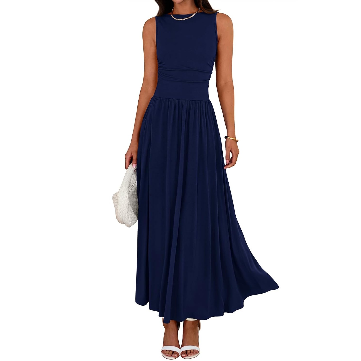 Casual Sleeveless Ruched High Rise Long Dress For Women