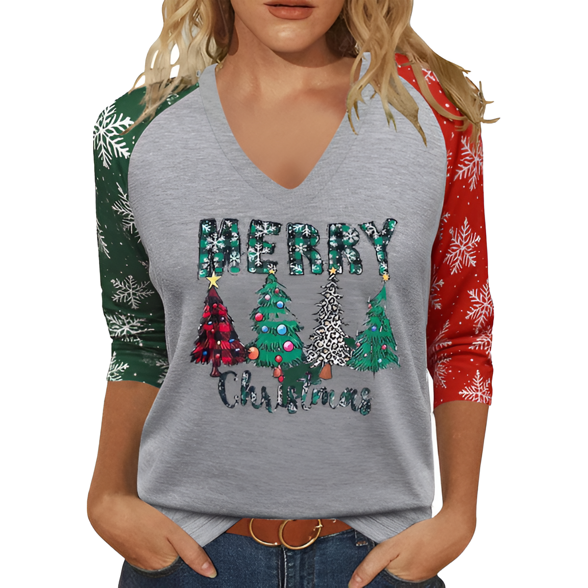 Christmas Graphic T Shirt With Three By Forth Sleeves For Women