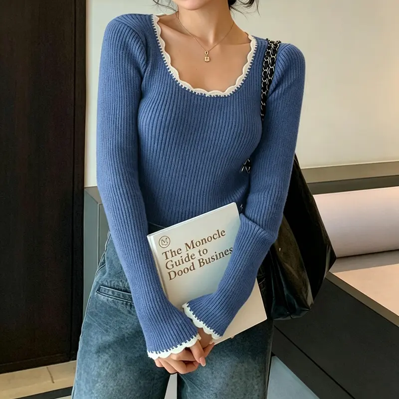 Casual Ribbed Knit Fitted Sweater Top For Women