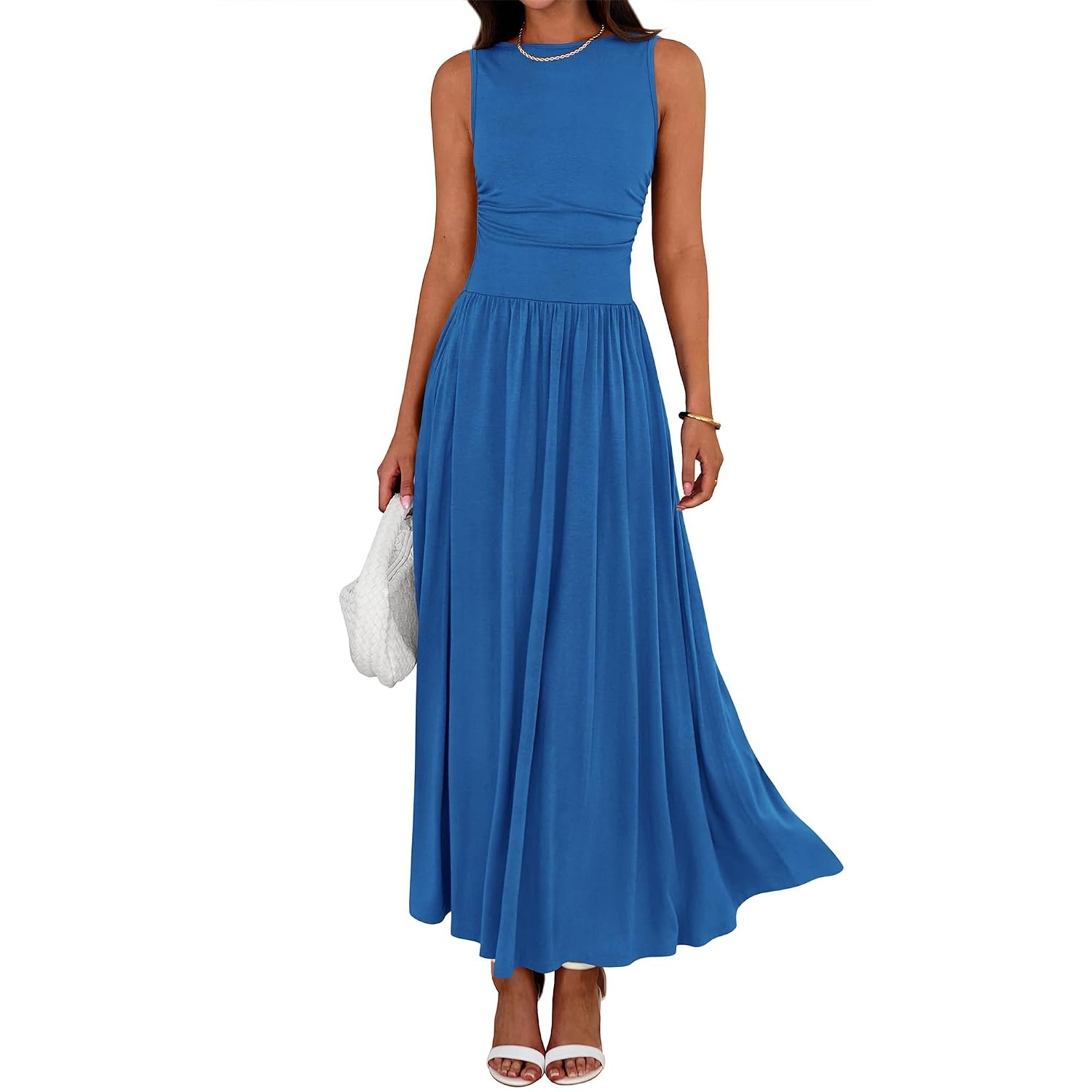 Casual Sleeveless Ruched High Rise Long Dress For Women