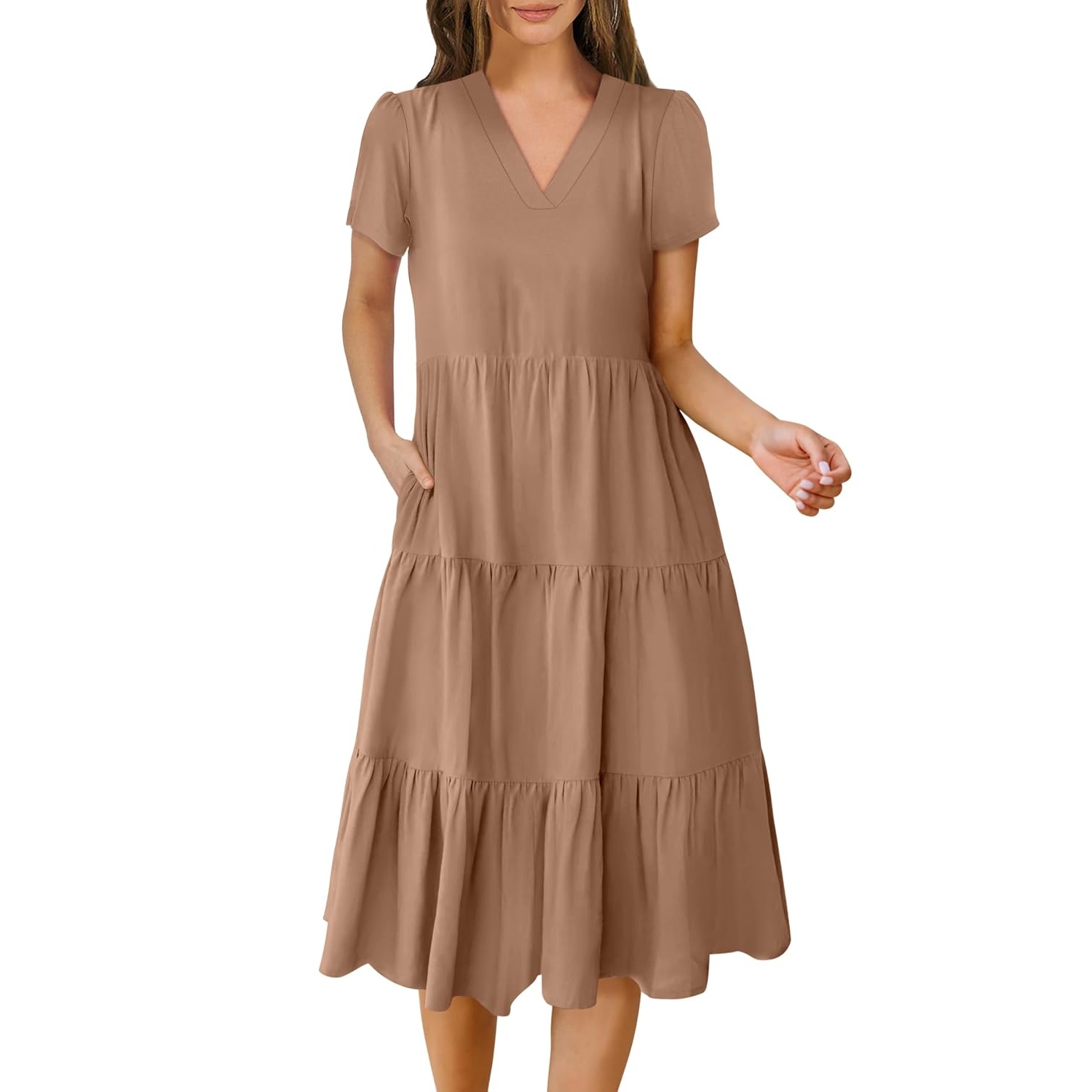 Casual Short Sleeve Tiered Boho Beach Midi Dress For Women