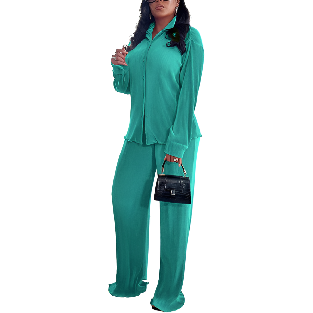 2 Piece Button Down Shirt And Pleated Pants Set For Women