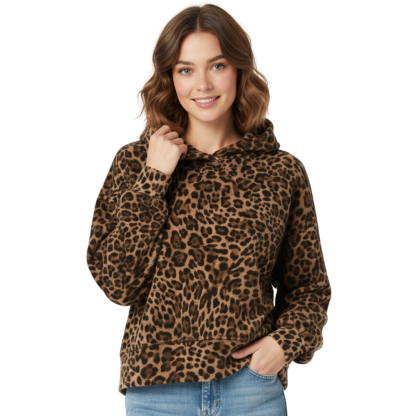 Leopard Print Fleece Hoodie With Embroidered Text