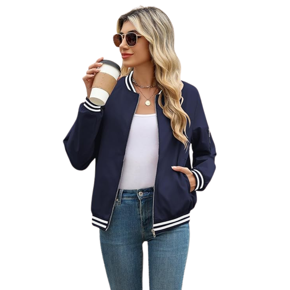 Women Casual Bomber Jacket Zip Up Windbreaker With Pockets