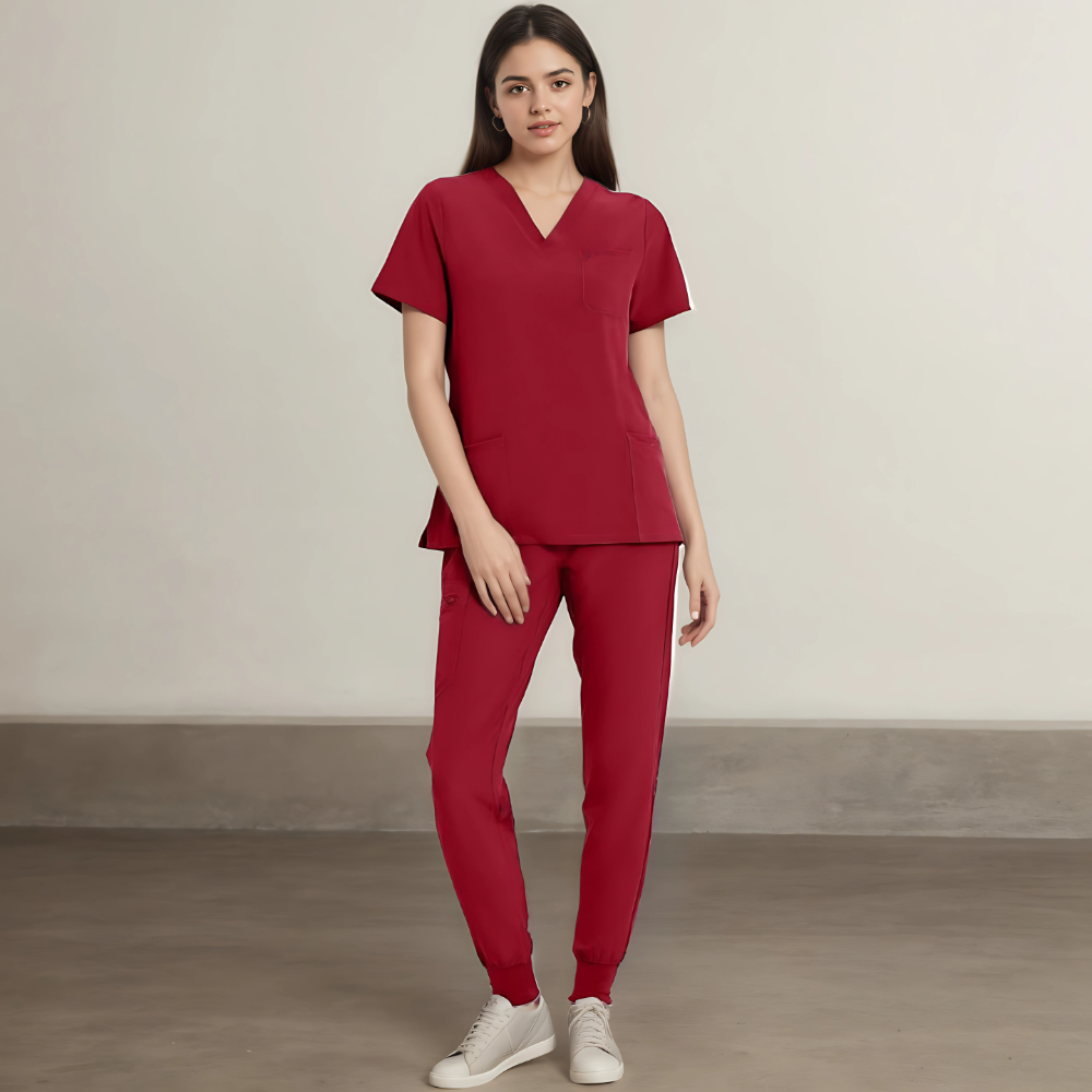 Stretchy V Designed Scrubs Top And Yoga Jogger Pants For Women
