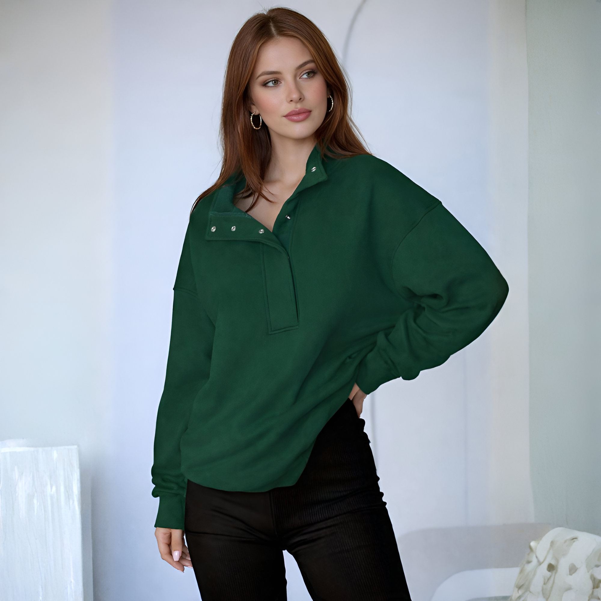 Casual Oversized Sweatshirt With Button Design For Women
