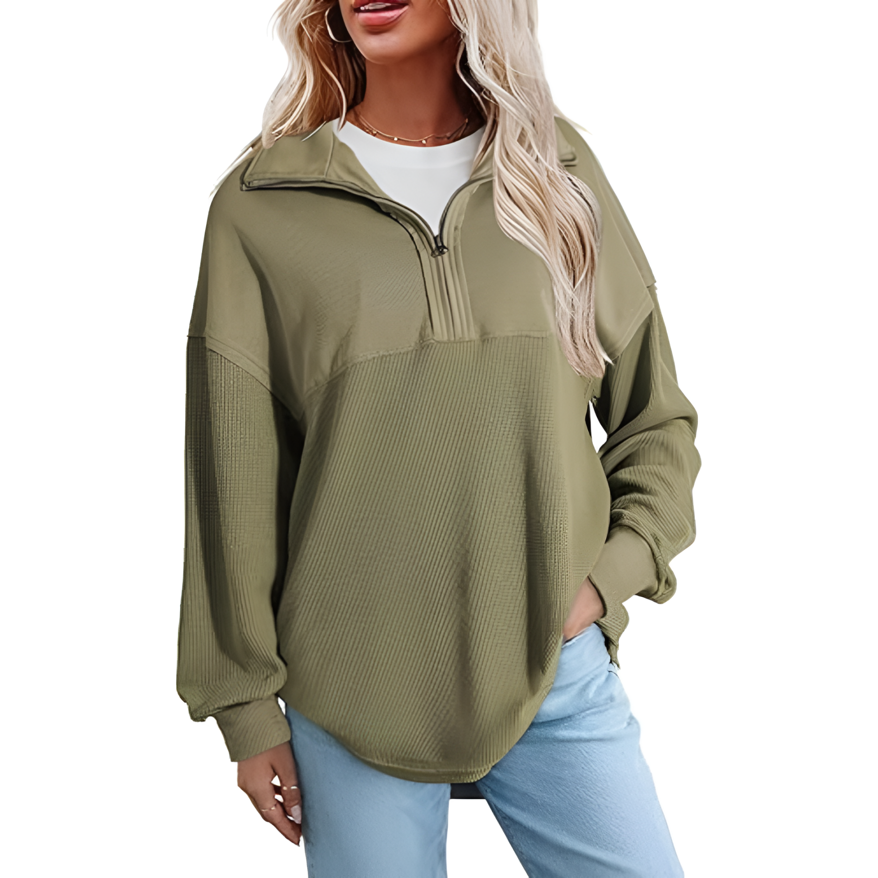 Casual Waffle Knit Half Zip Sweatshirt Pullover With Loose Fit For Women