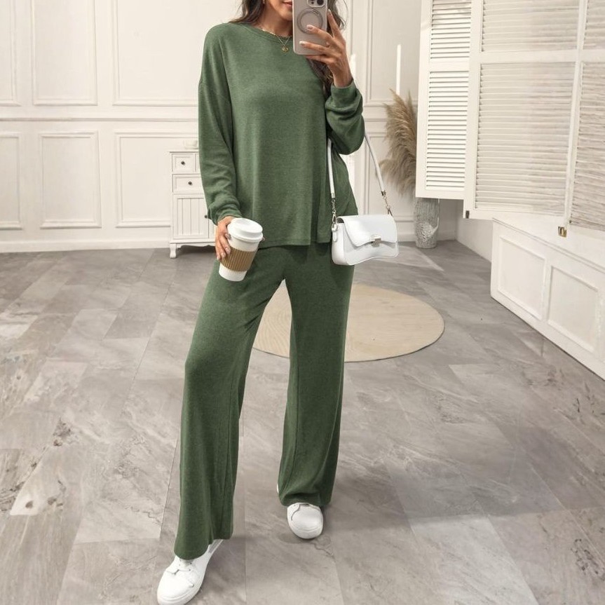 Womens Lounge Set 2025 Fall 2 Piece Outfits Long Sleeve Tops Wide Leg Long Pants