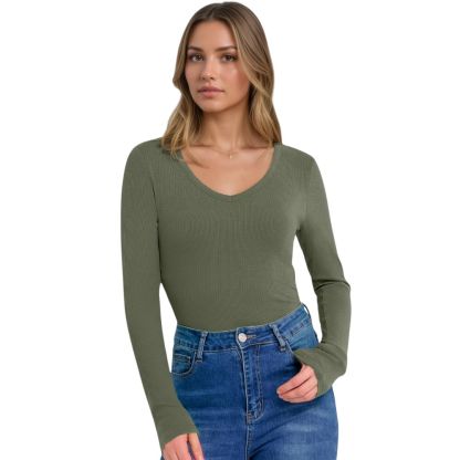 Long Sleeve Shirts for Women V Neck Ribbed Knit Fitted Fall Basic Tshirts