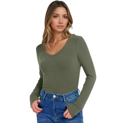 Long Sleeve Shirts for Women V Neck Ribbed Knit Fitted Fall Basic Tshirts