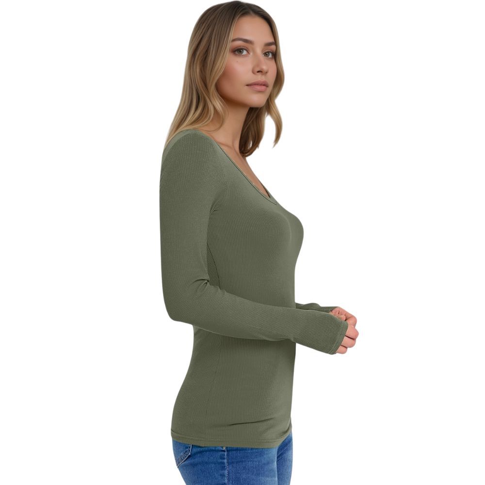 Long Sleeve Shirts for Women V Neck Ribbed Knit Fitted Fall Basic Tshirts