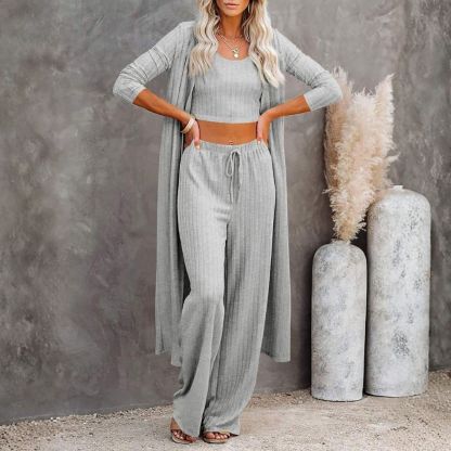 Women's 3 Piece Lounge Sets Pajamas Knit Long Sleeve Cardigan Crop Top Wide Leg Pants