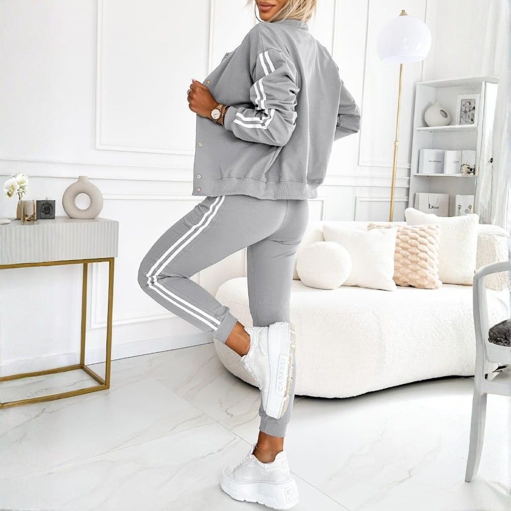 Women's Three Piece Outfits Striped Tape Patch Tank Tops Bomber Jacket with Sporty Pants