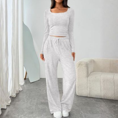 2 Piece Scoop Neck Lounge Set Womens Wide Leg Pants Side Ruching Slightly Crop Top