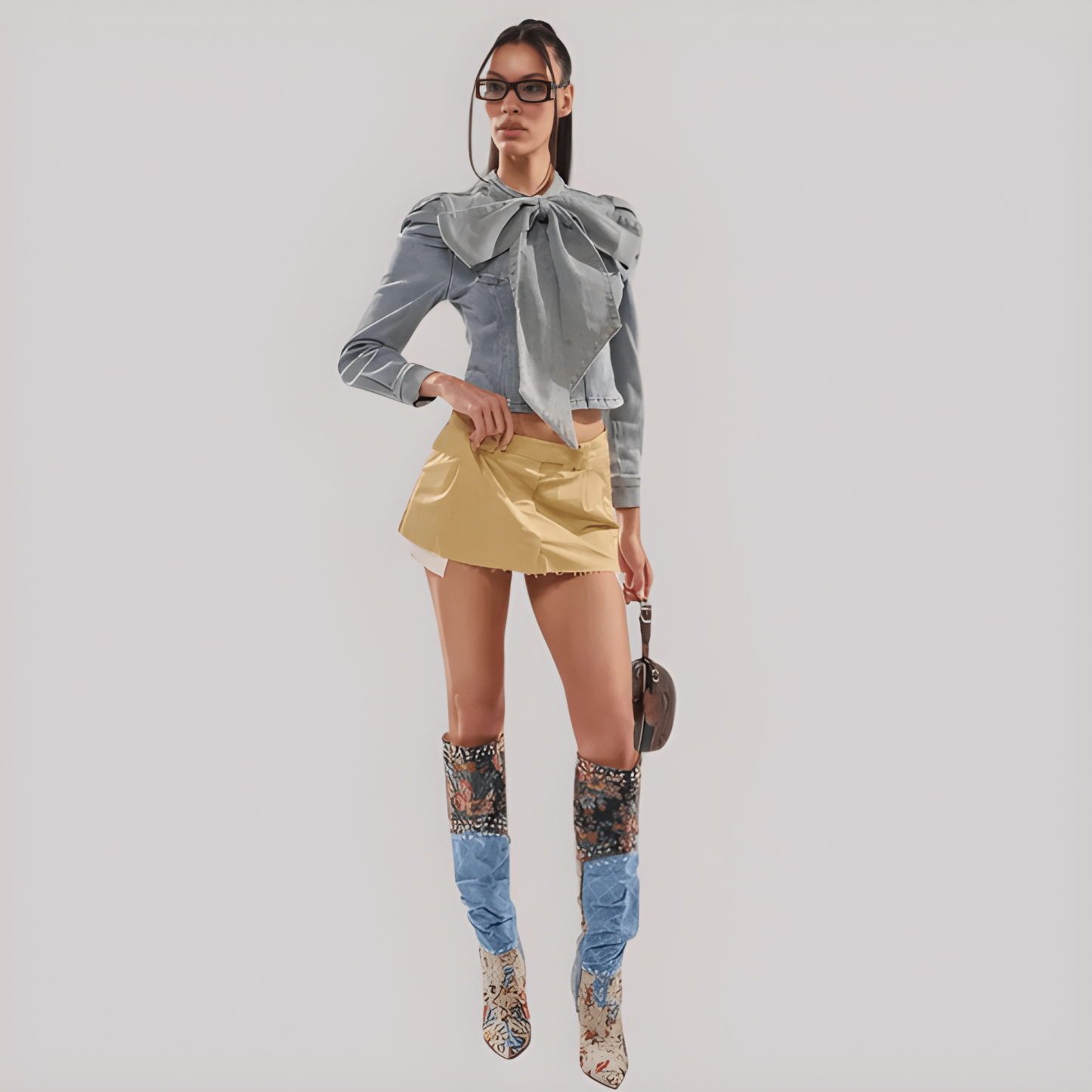 Denim Bow Top With Long Puff Sleeves For Women