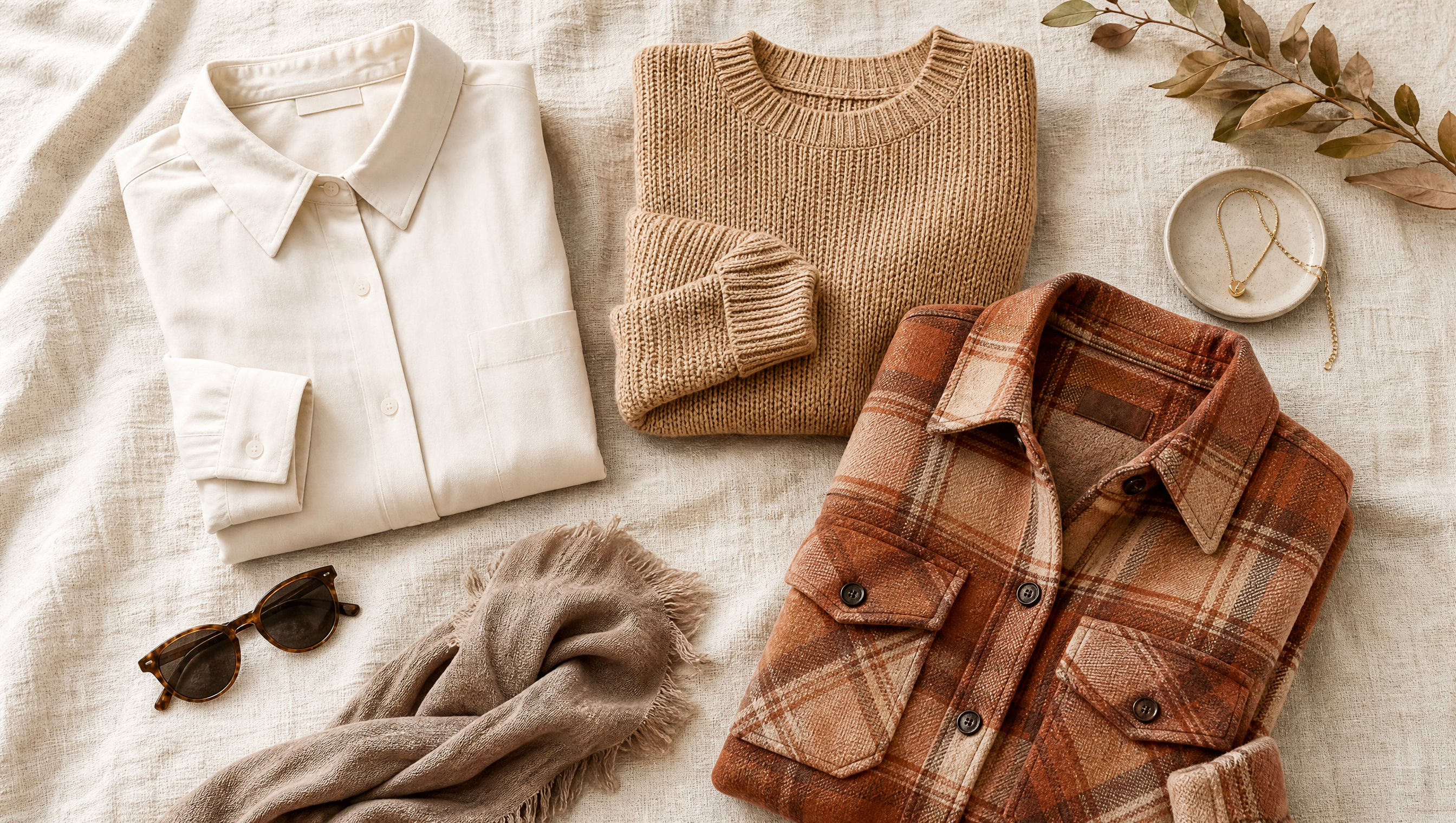 Bright wardrobe editorial flat-lay of folded blouses, a sweater, and a shirt jacket in neutral and autumn tones on a linen backdrop