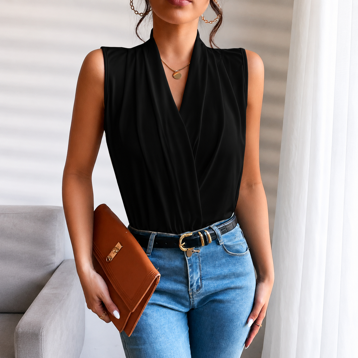 Regular Fit Front Ruched Sleeveless Tank Top For Women