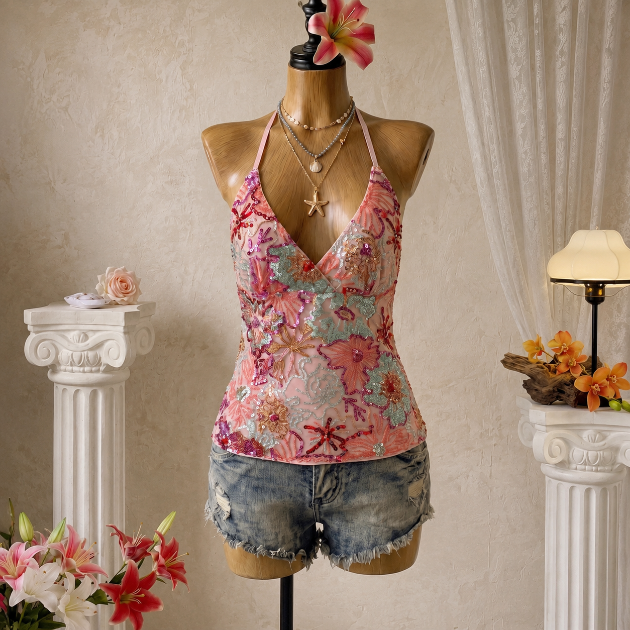 Backless Embroidery Beaded Camisole Top For Women