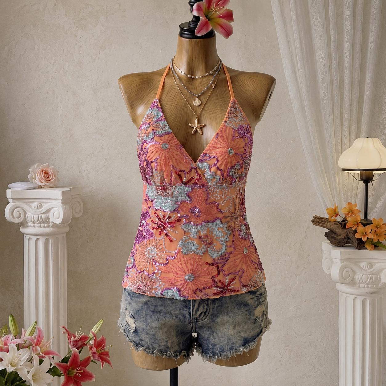 Backless Embroidery Beaded Camisole Top For Women